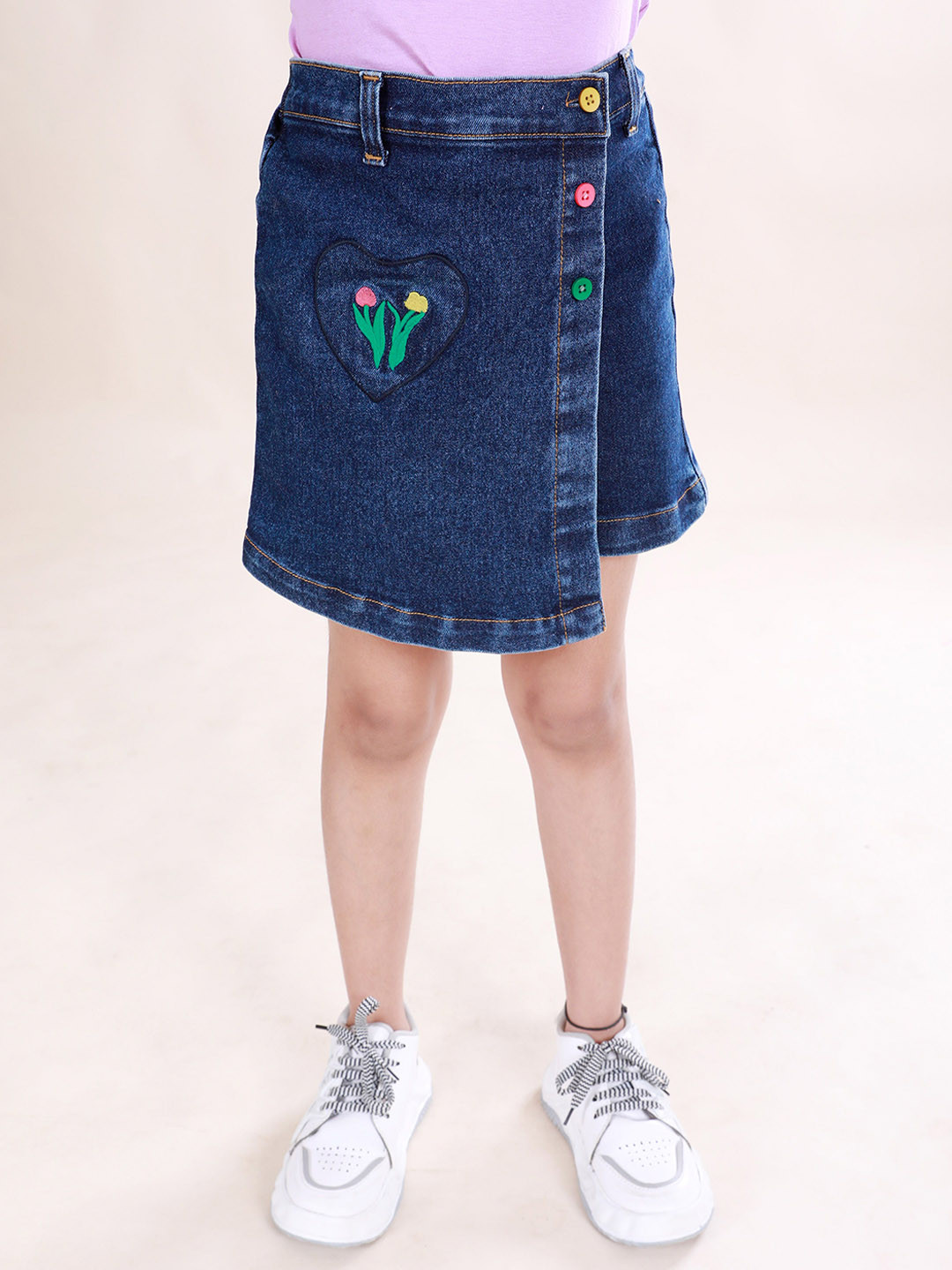 KiddoPanti Girls Embroidered Denim Over Lap Skort With Heart Patch