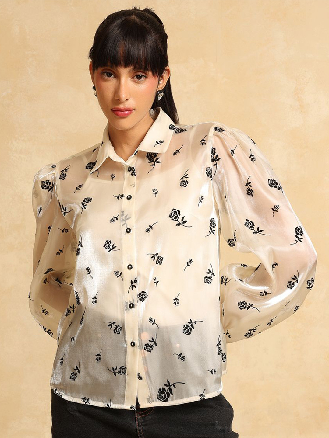 Kazo Sepia Women Relaxed Fit Floral Printed Puffed Sleeves Semi Sheer Party Shirt