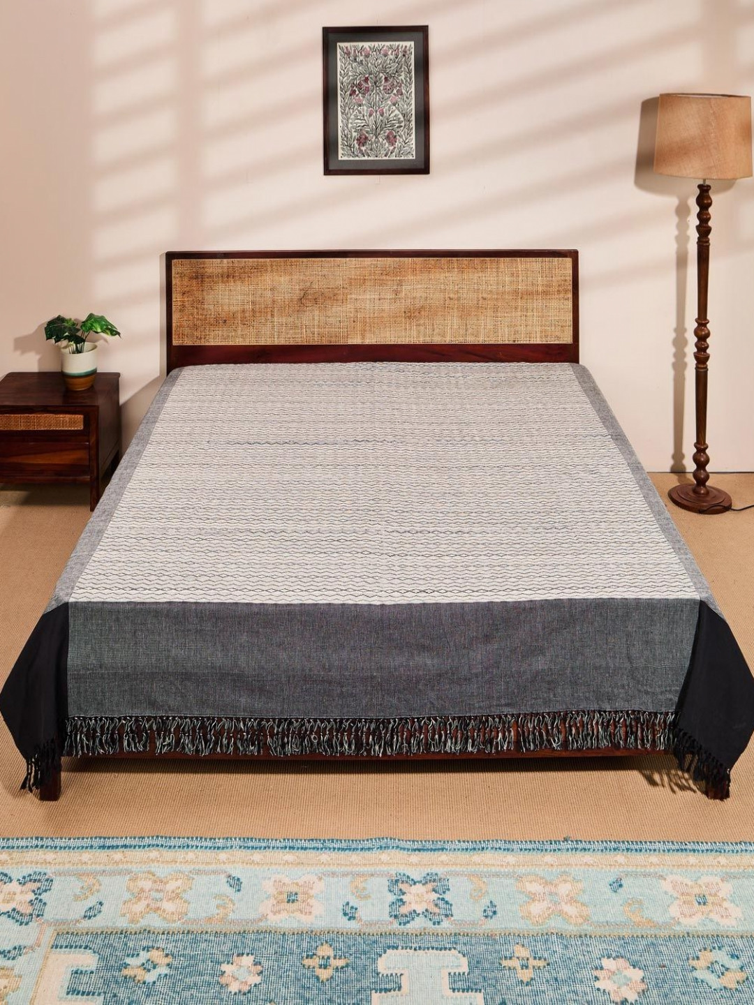 Fabindia White & Black Woven Cotton Double Single Bed Cover
