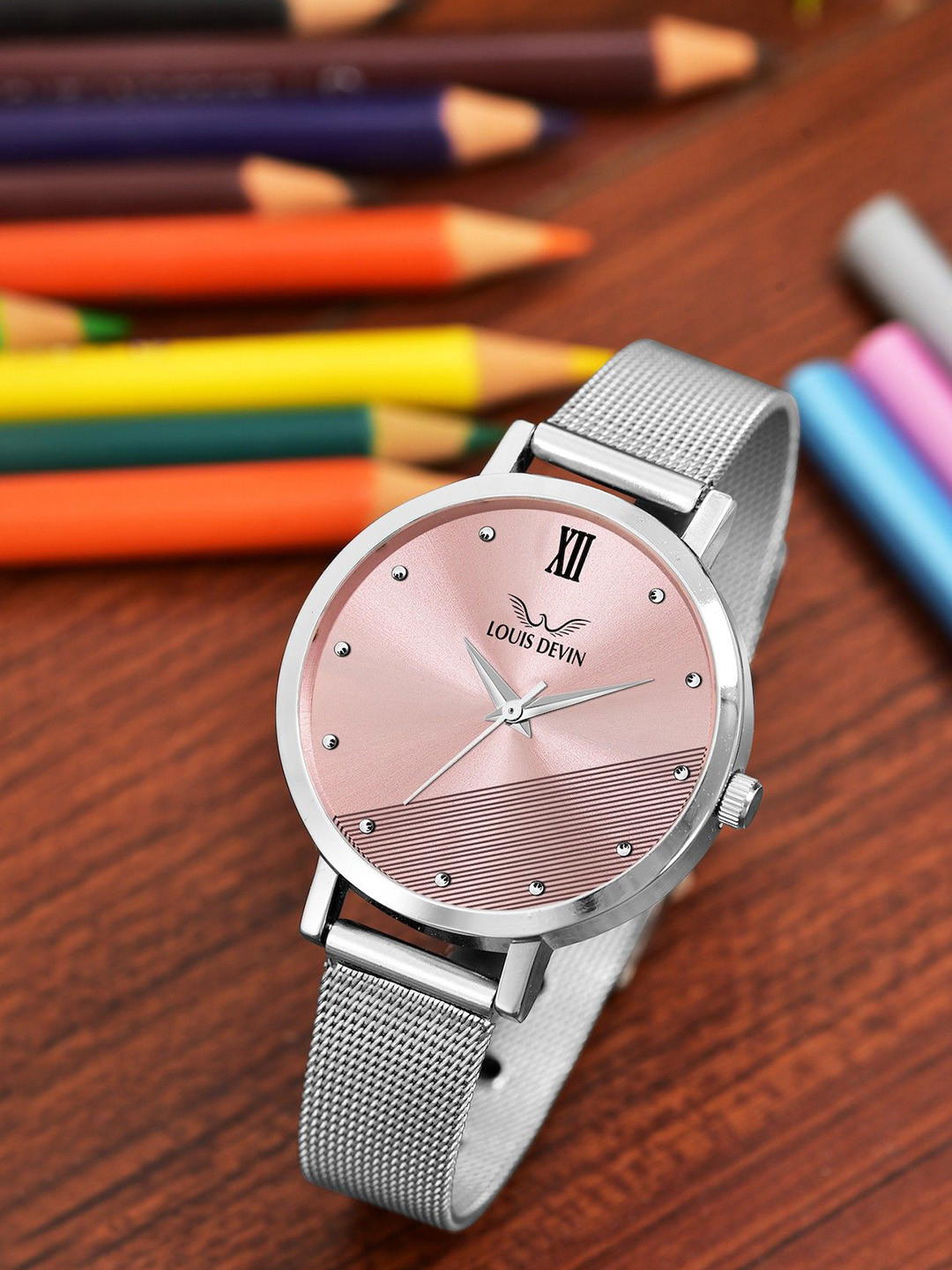 LOUIS DEVIN Women Brass Dial & Stainless Steel Straps Analogue Watch LD-WT142-PNK-CH