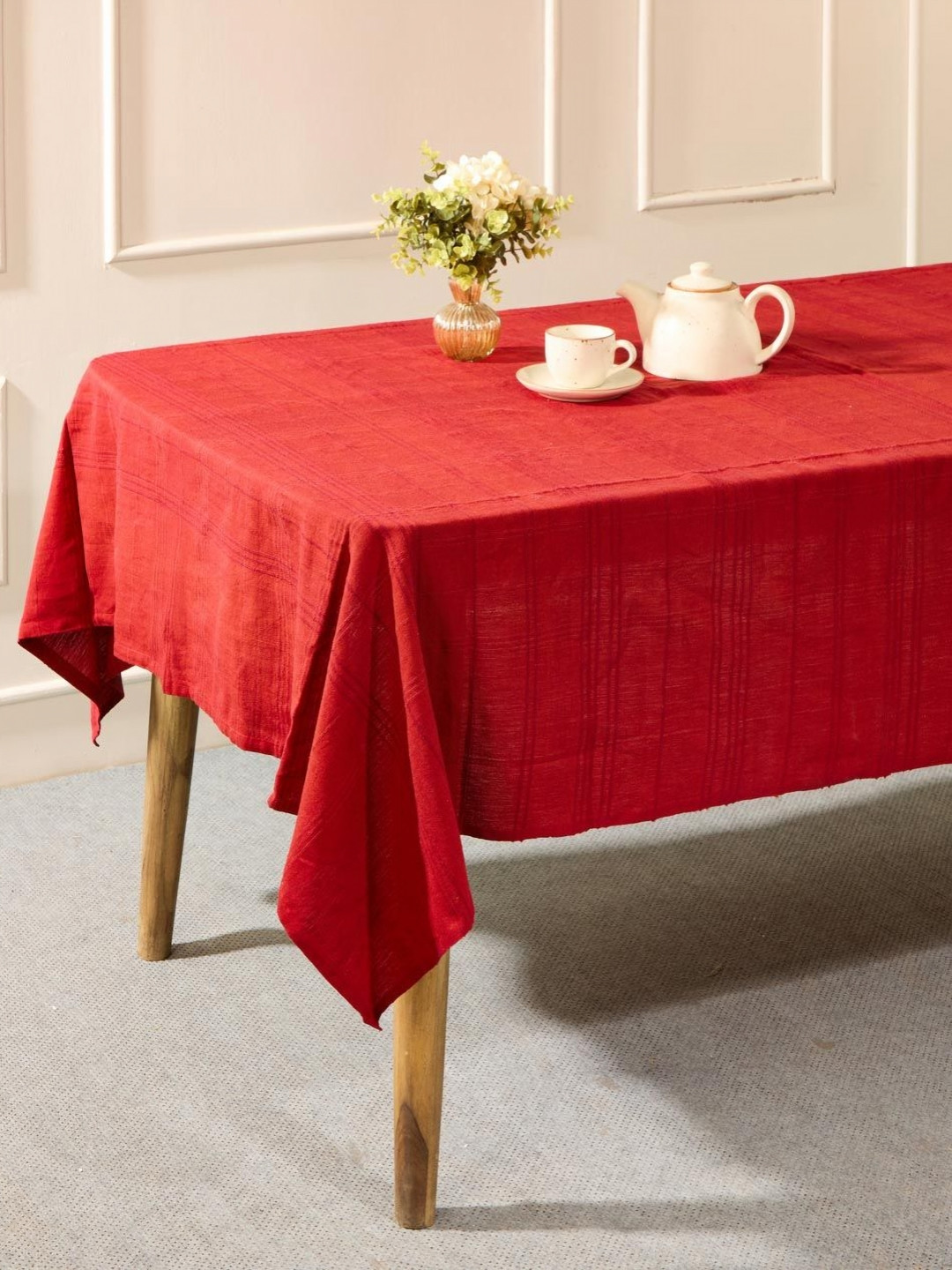 Fabindia Red Cotton 6-Seater Table Cover with Textured details