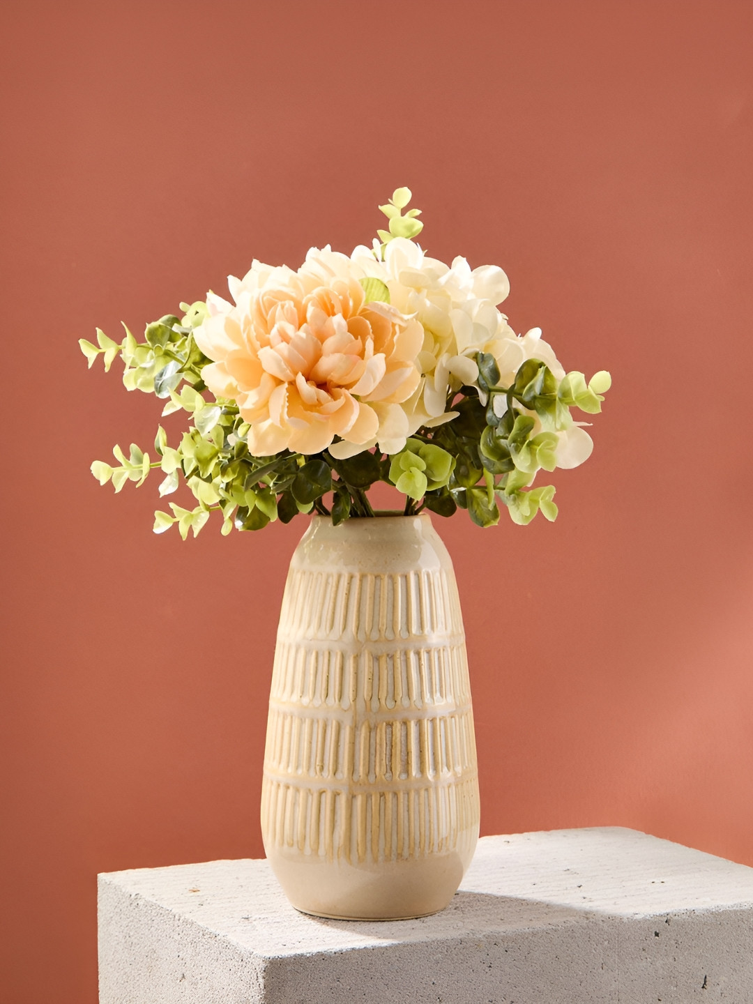 Fabindia Beige Textured Ceramic Table Vase