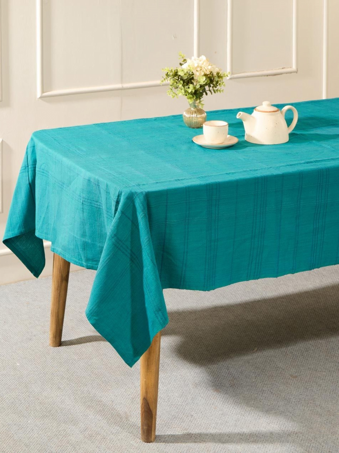 Fabindia Teal Cotton 4-Seater Table Cover with Textured details