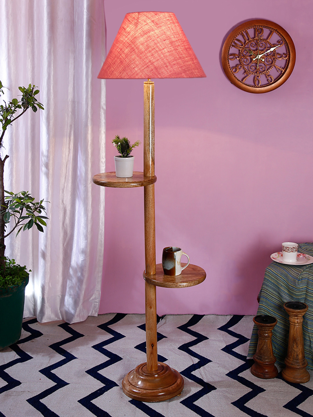 Devansh Pink & Brown Frustum Shaped Wooden Shelf Floor Lamp