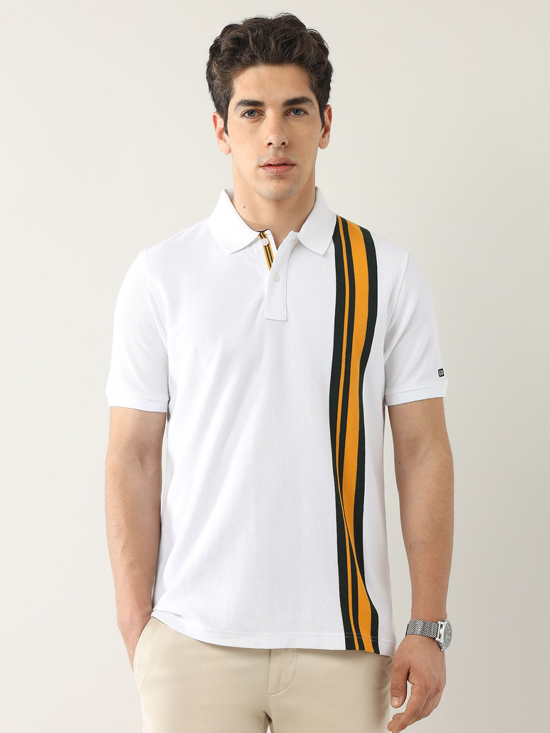 Arrow Sport Men Striped Polo Collar Pockets T-shirt