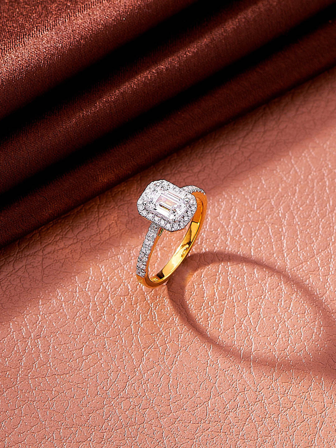 Nipura 925 Sterling Silver Gold-Plated CZ Studded Classic Emerald Cut Halo Finger Ring