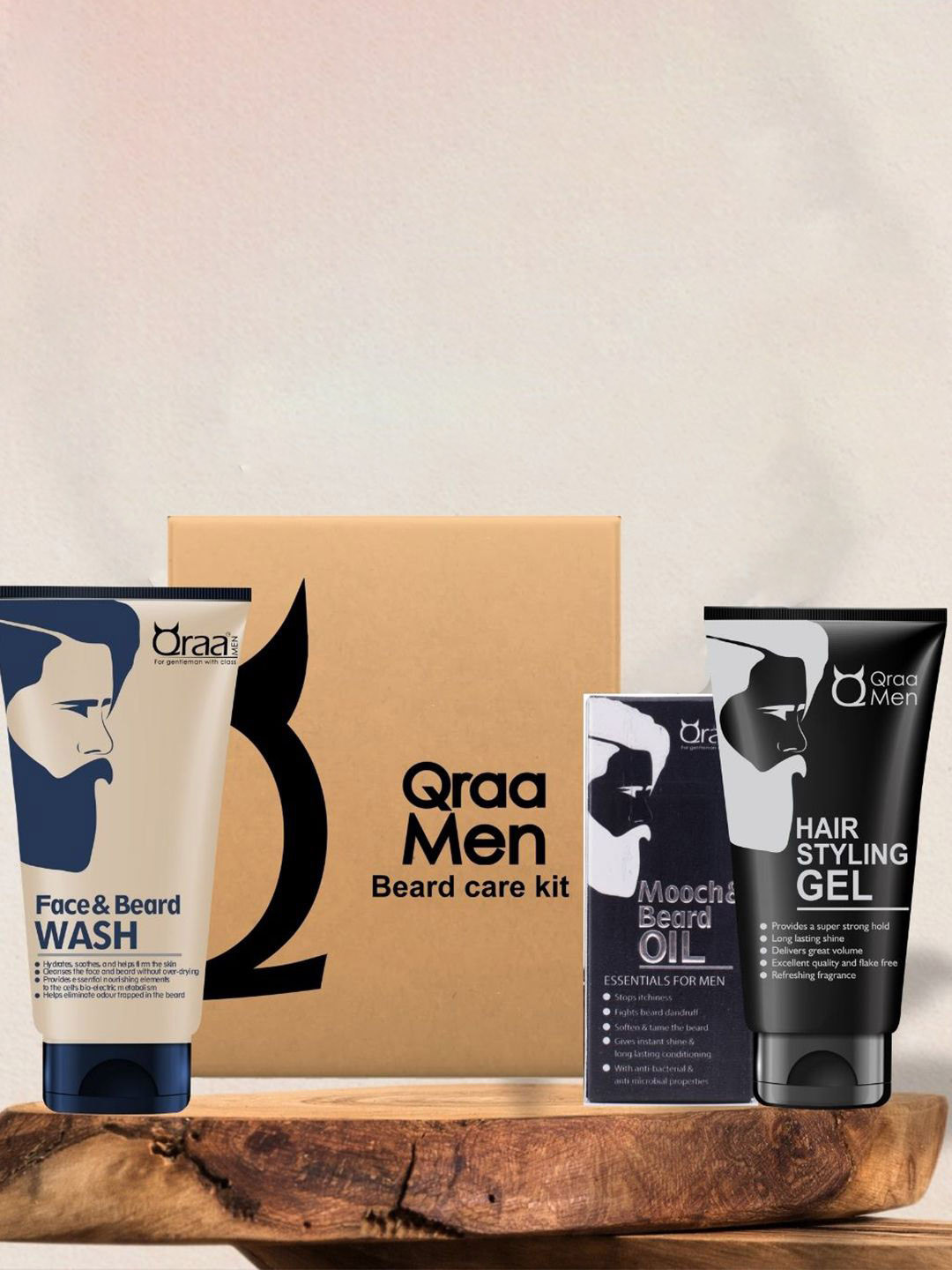 Qraa Men Set Of 3 Face & Beard Wash, Hair Styling Gel 100 ml Each & Beard Oil 30 ml