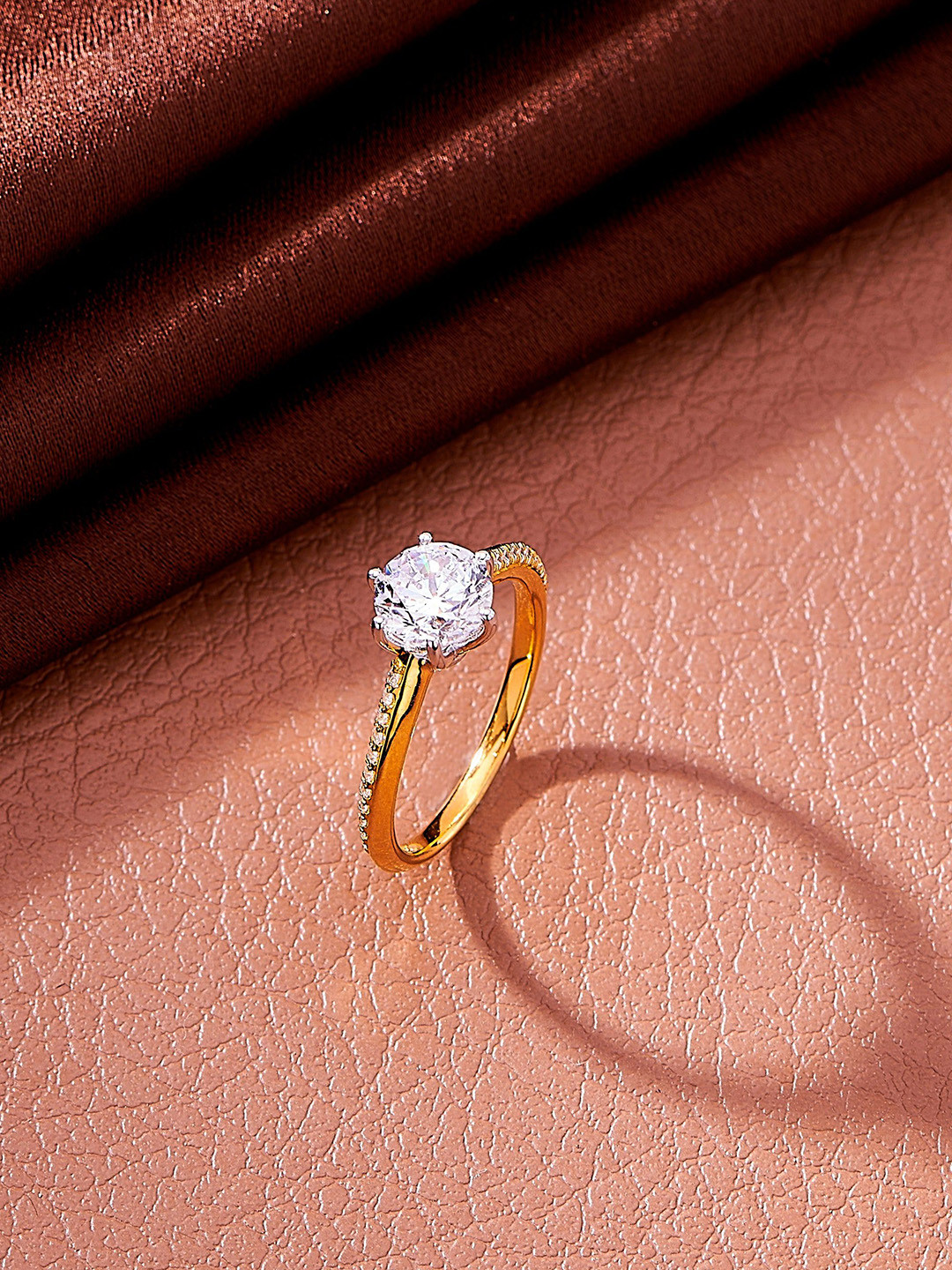 Nipura 925 Sterling Silver Gold-Plated CZ Studded Pave Cathedral Solitaire Finger Ring