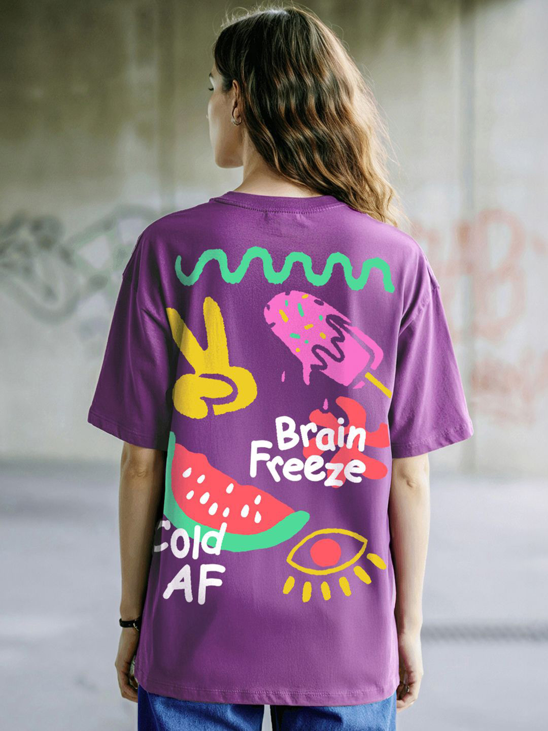 Bewakoof Women Purple Brain Freeze Graphic Printed Oversized T-shirt