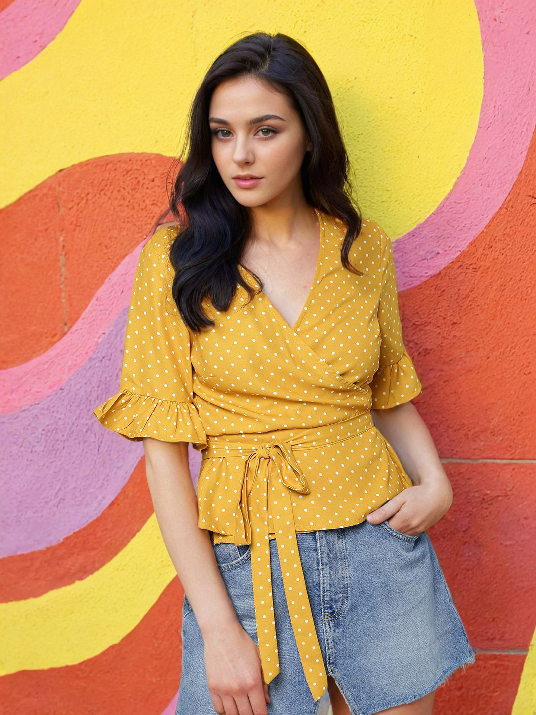 Mustard Polka Dot V-Neck Short Sleeve Wrap Top