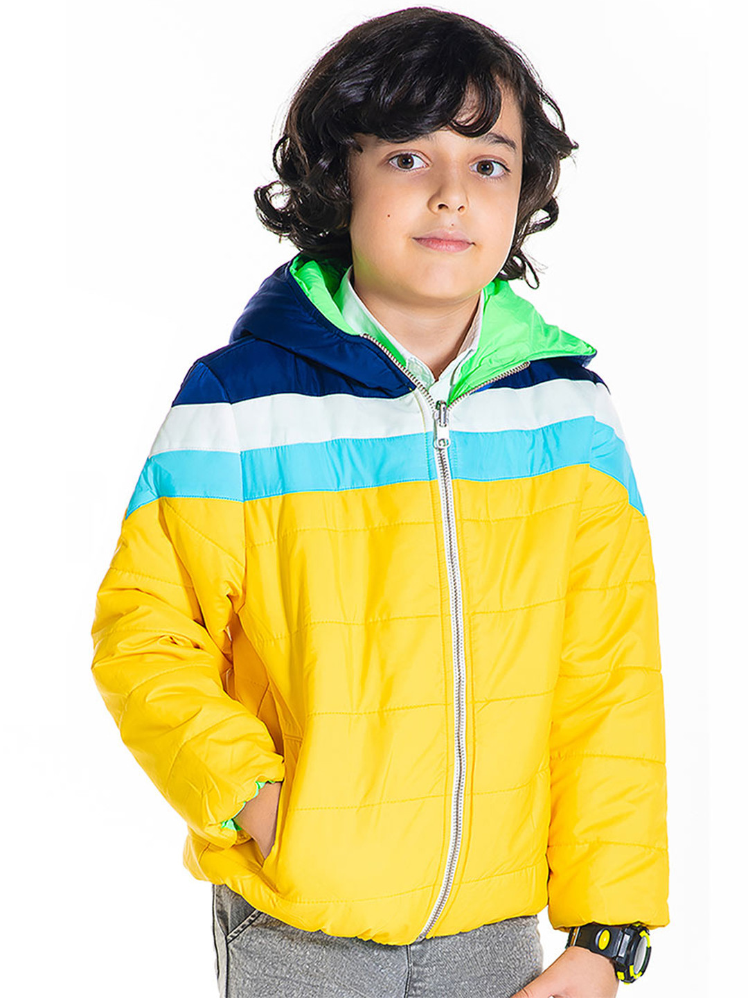 Cherry Crumble Unisex Kids Colourblocked Reversible Quilted Jacket with Patchwork