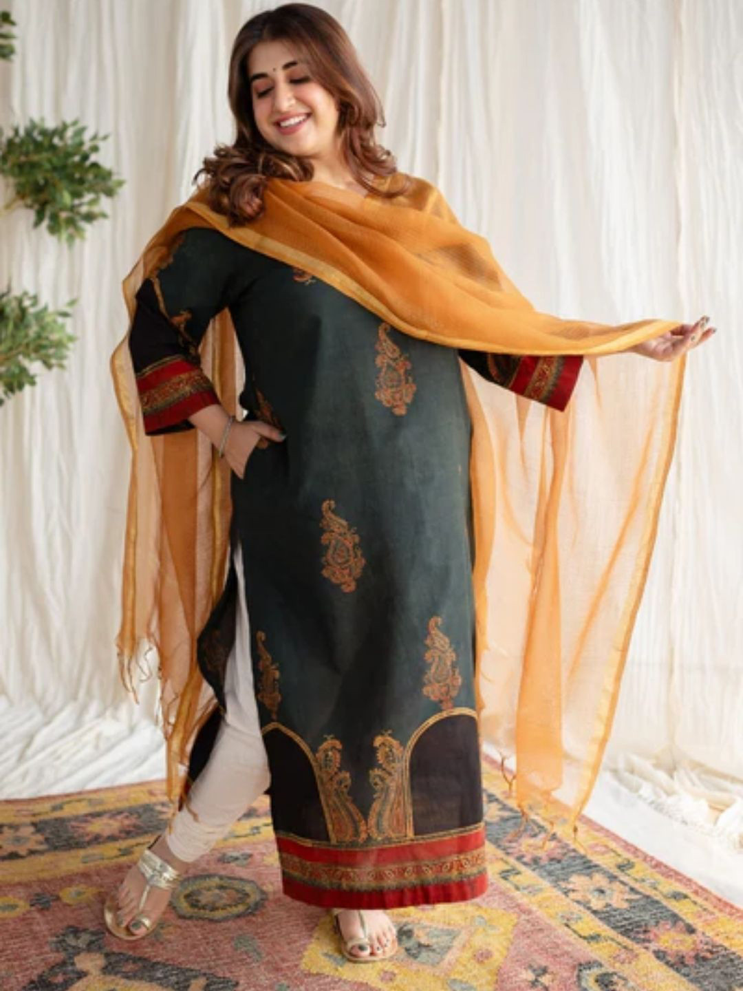 THE INDIAN ETHNIC CO Rust Orange Kota Doria Cotton Dupatta