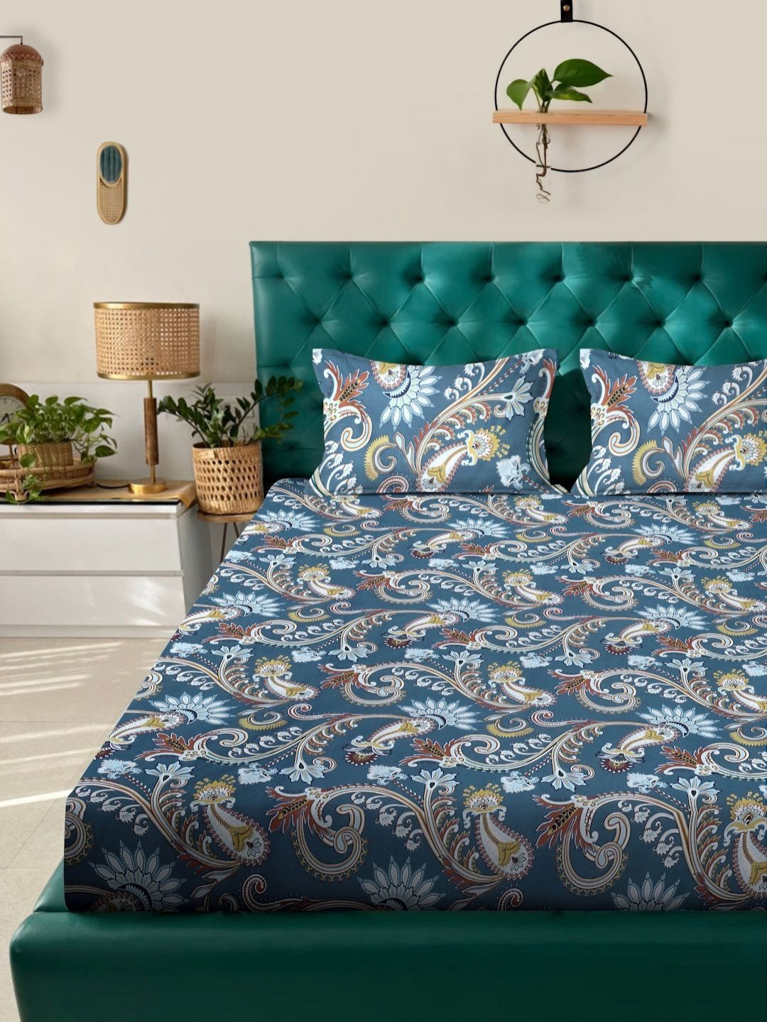 KLOTTHE Blue Floral Cotton 300 TC Fitted King Fine Bedsheet with 2 Pillow Covers-250 x 225 cm