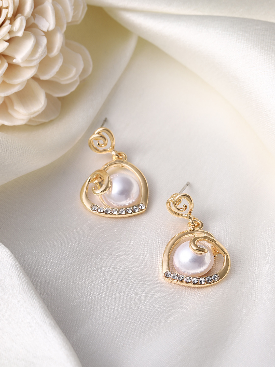 DressBerry Heart Shaped Beads & Stone-Studded Drop Earrings