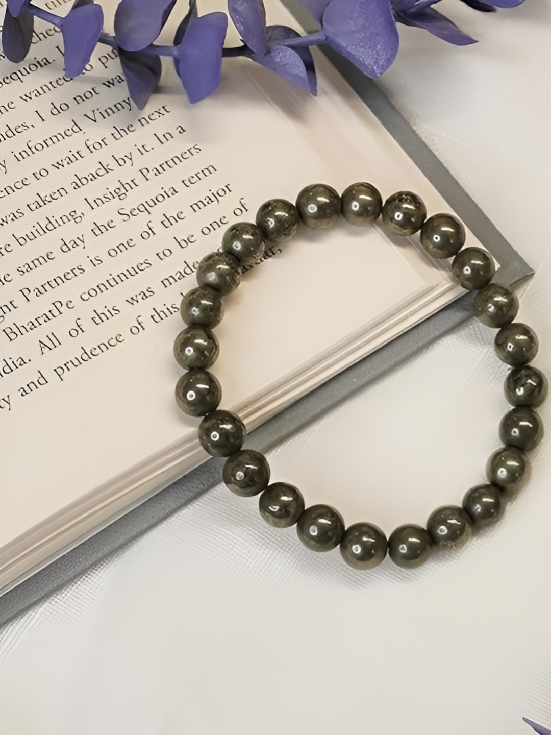 SANKALAN CREATIONS Natural Pyrite Beaded Stretch Bracelet Grey Melange Crystal Matte Prayer Room Small Showpiece -