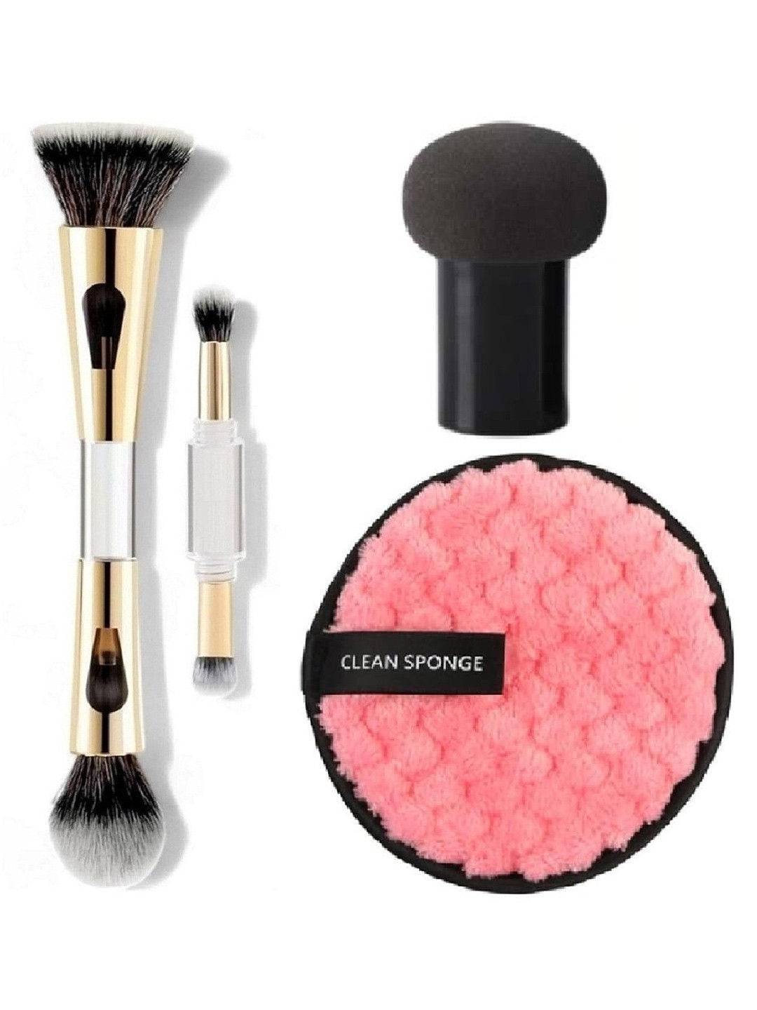 Facejewel Set Of 4 4 In 1 Makeup Brush With Mushroom Puff & Makeup Remover Pads