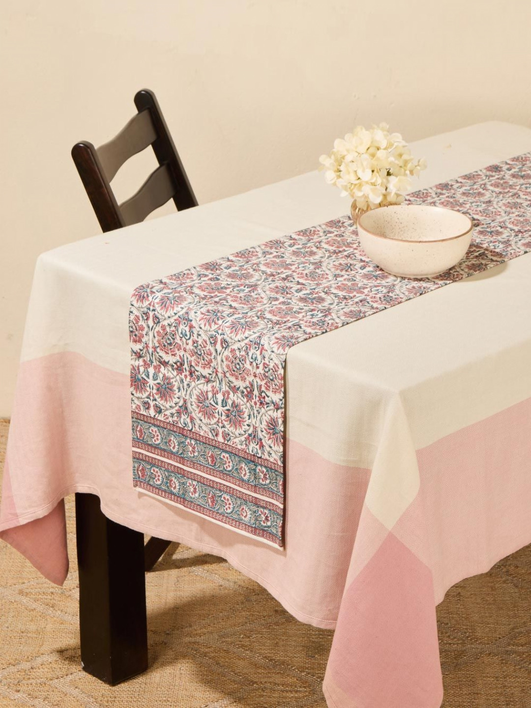 Fabindia White & Blue Printed Cotton Small Table Runner