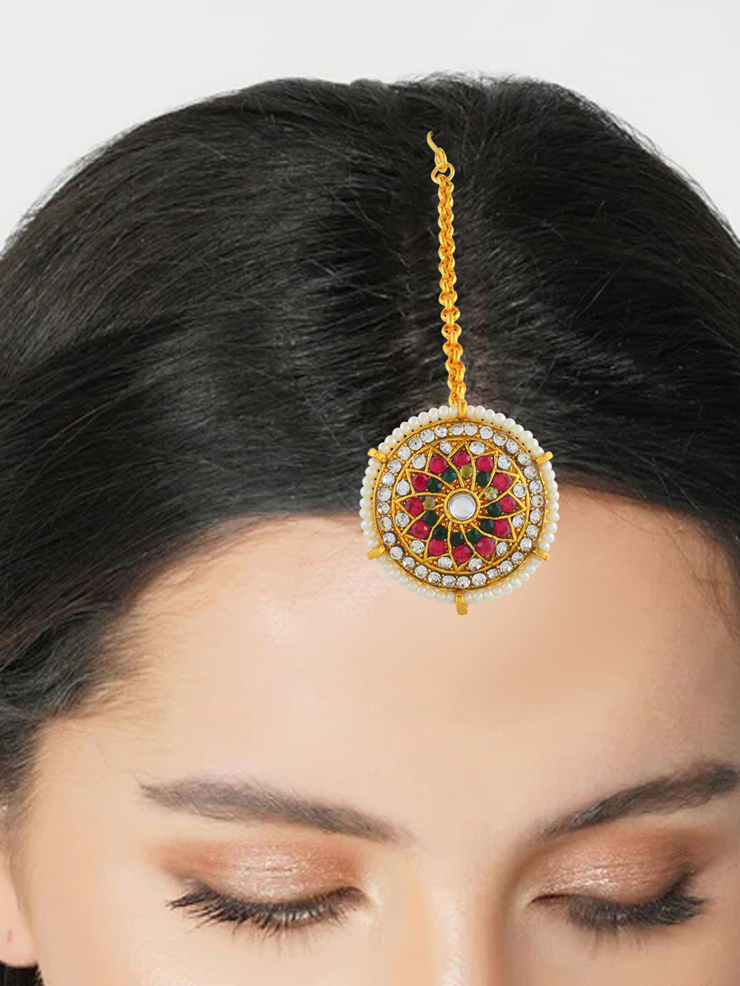 MEMOIR Gold Plated Stone Studded & Beaded Bindi Borla Brass Maang Tikka
