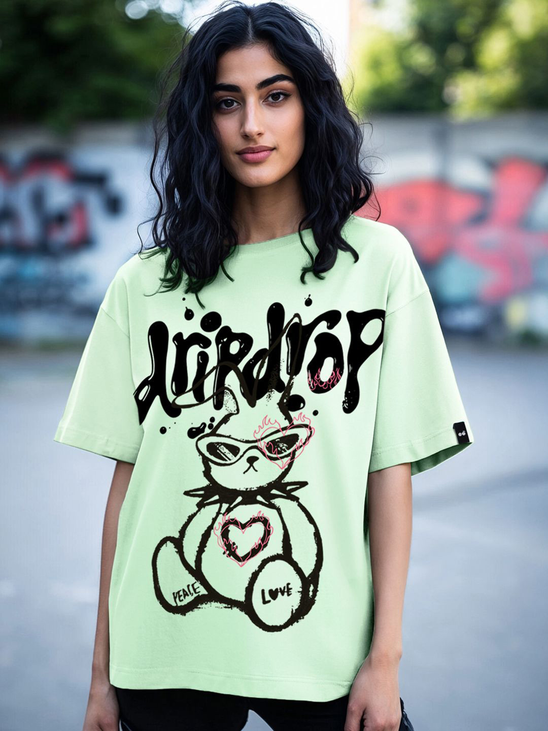 Bewakoof Women Bird Egg Green Drip Drop Graphic Printed Oversized T-shirt