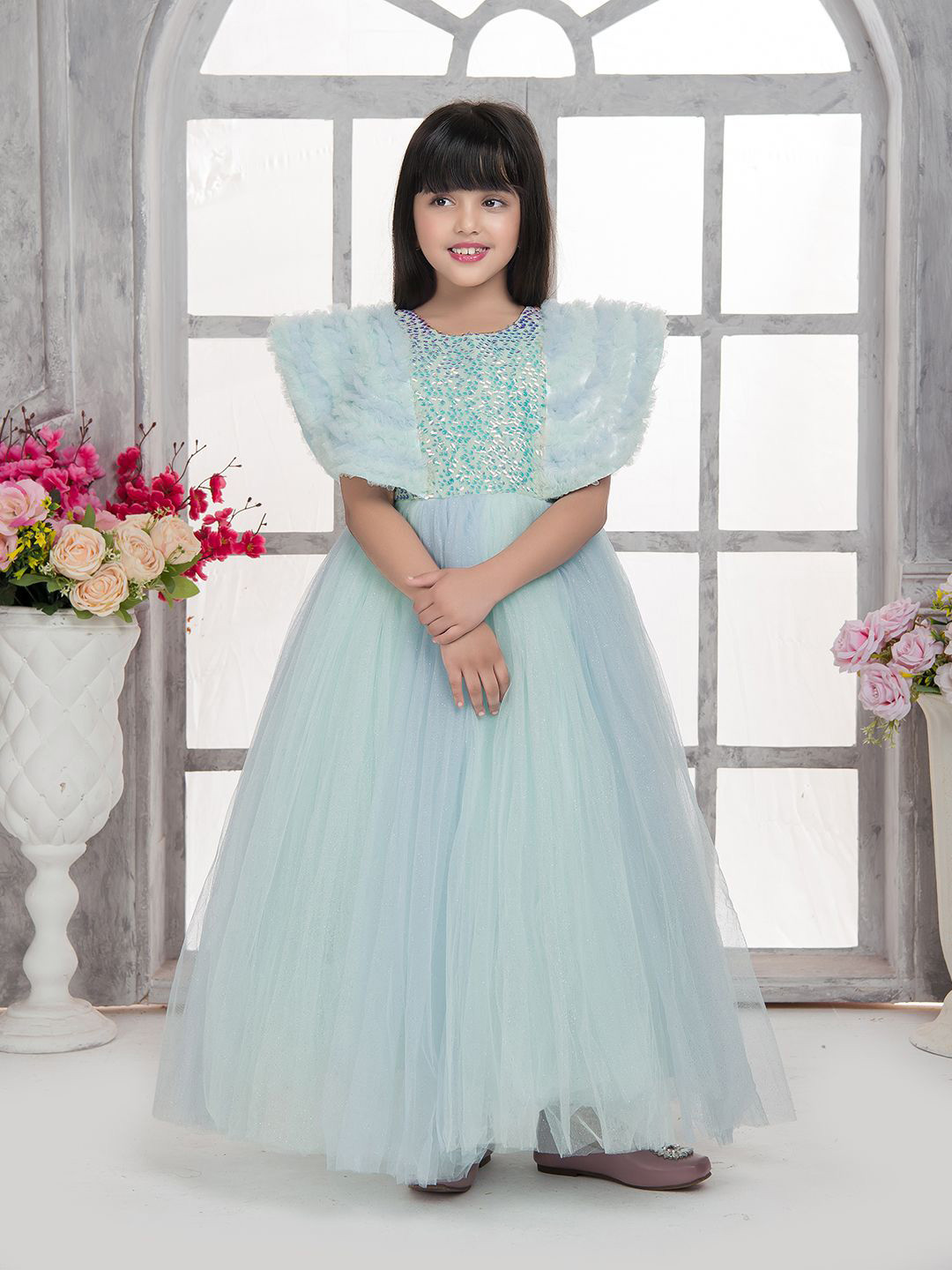 Tiny Kingdom Embellished Cape Sleeves Gown Dress