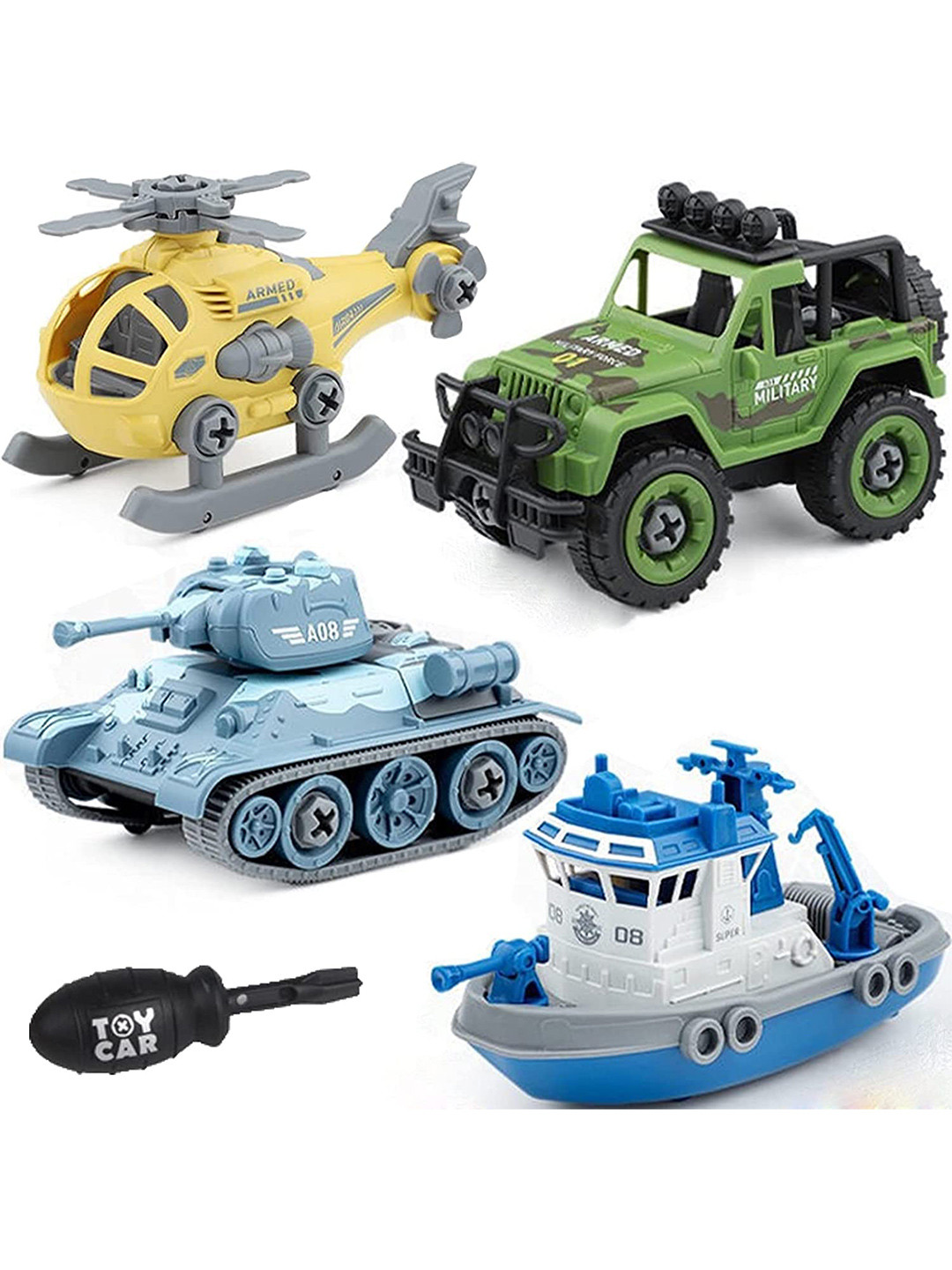 PIPALIYA Kids Pack Of 4 Diy Military Army Foldable Vehicles Toy With Screwdriver
