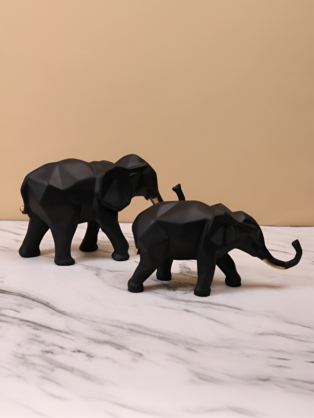 SMOKEY COCKTAIL Elephant Pair Black Polyresin Matte Living Room Set of 2 Medium Showpieces - 5.7 Inches