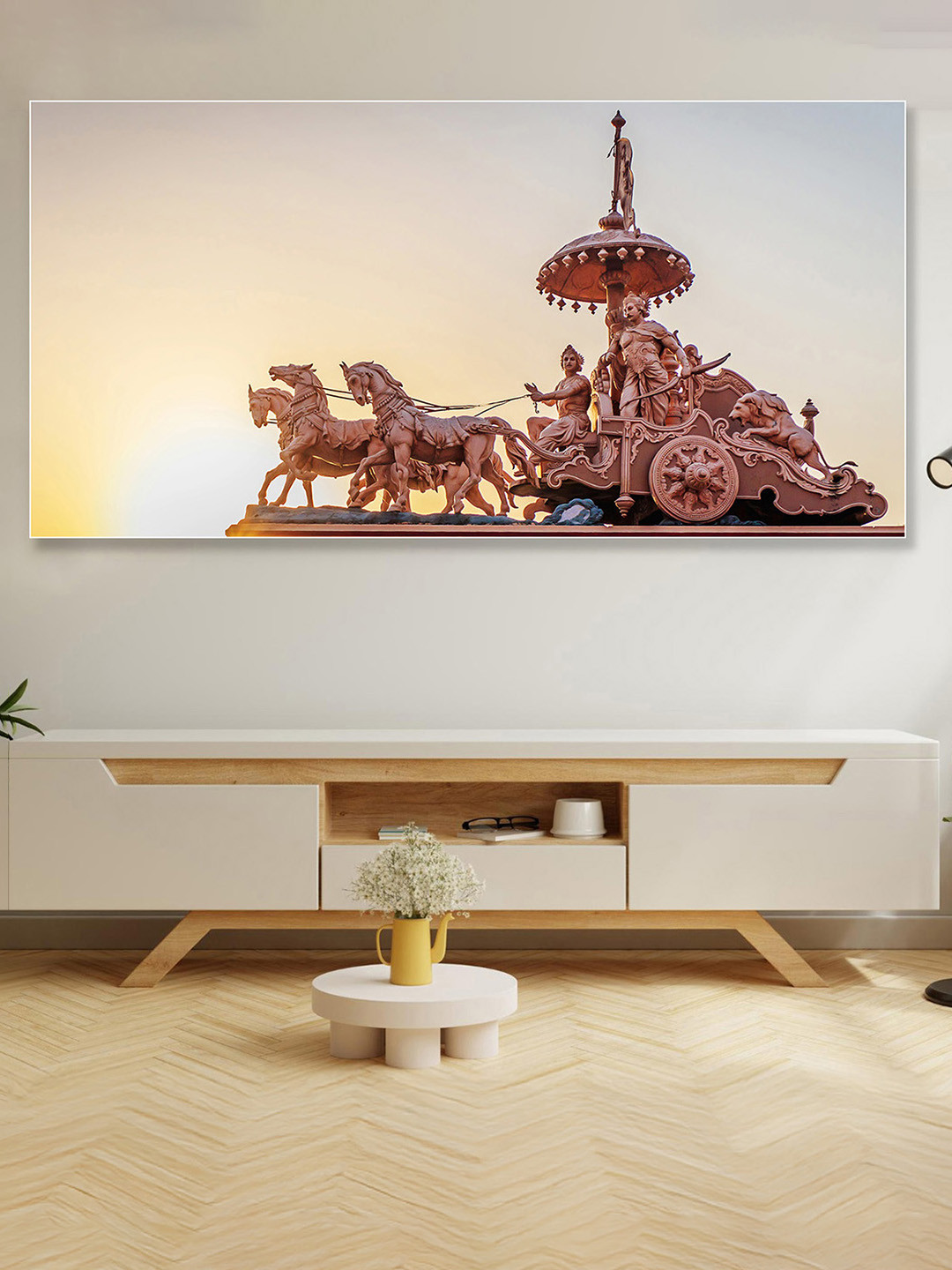 nestroots Copper-Toned & Yellow Lord Krishanarjuan Religious Printed Canvas Wall Painting