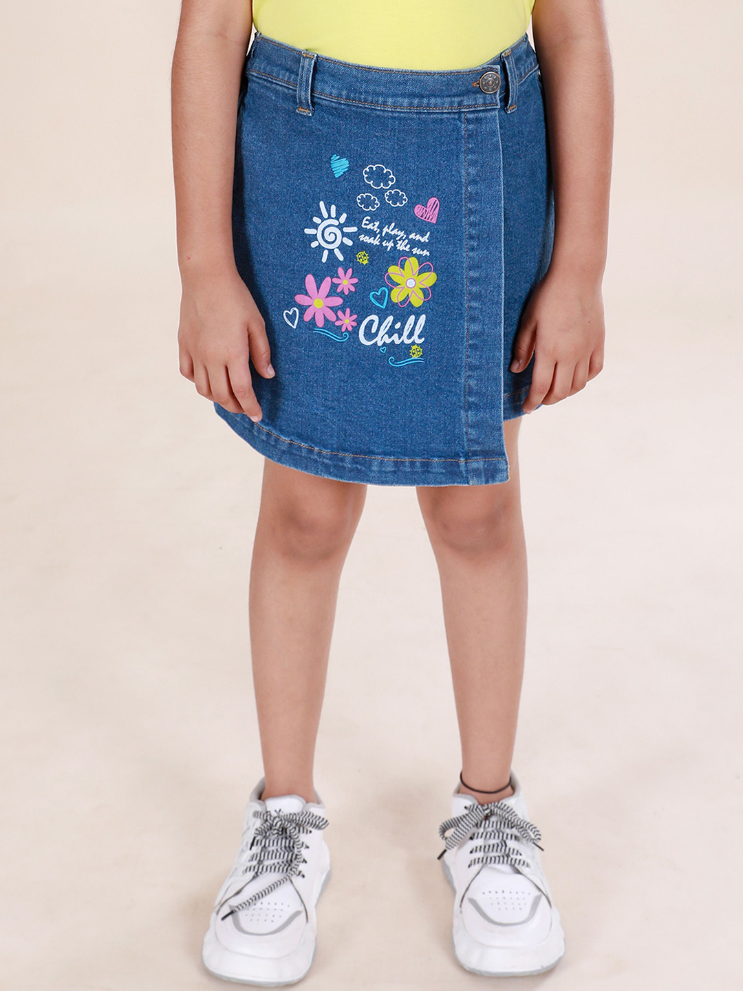 KiddoPanti Girls Printed Denim Over Lap Skort