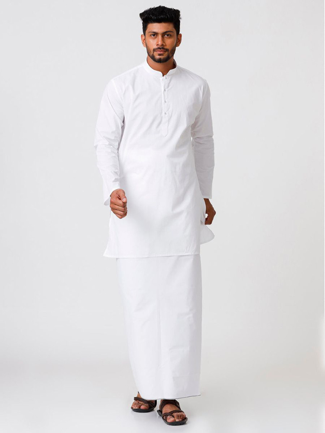 RAMRAJ Men White Full Sleeves Medium Length Cotton Kurta with Prayer Dhoti Set