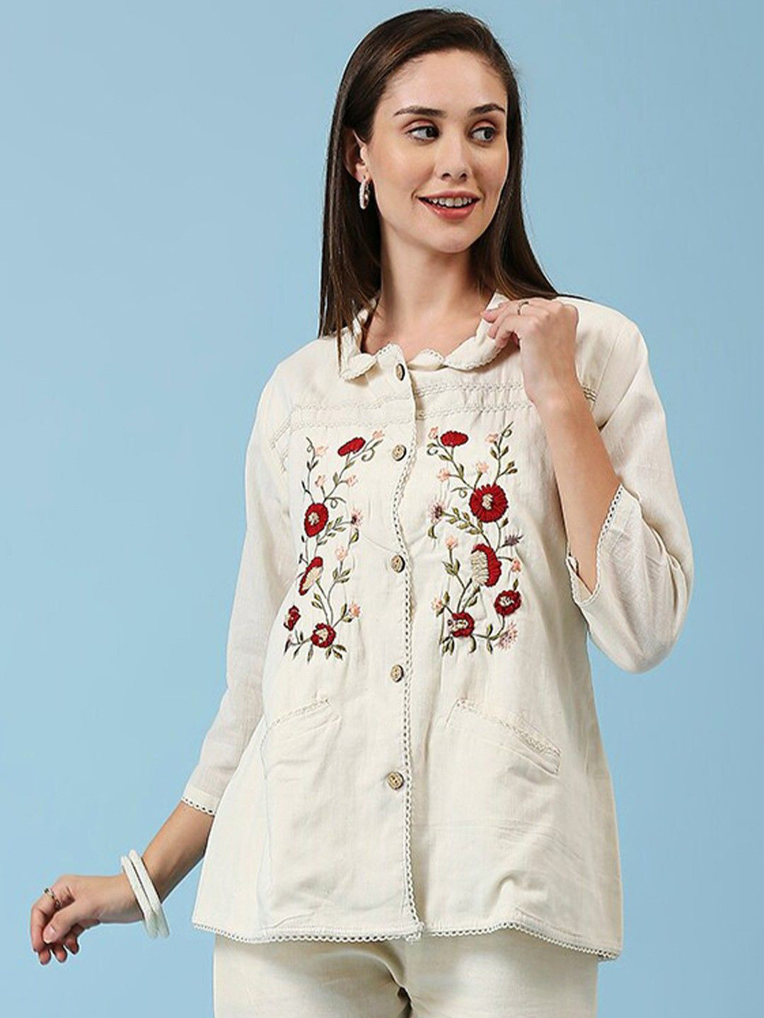 Hitarth Fashion Women Organic Cotton Embroidered Lace Shirt Collar Tunic