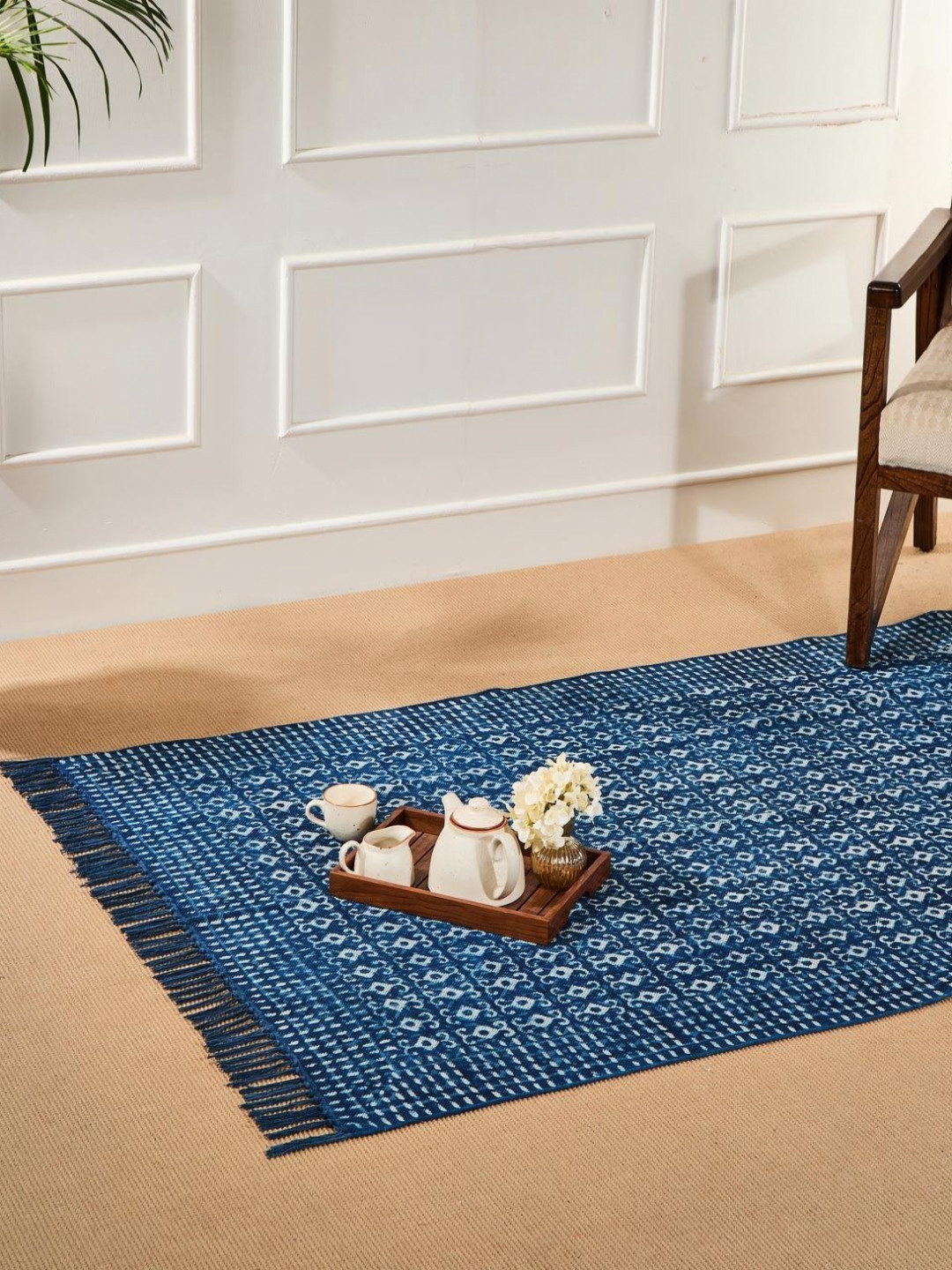 Fabindia Blue & White Printed Rectangular Small Dhurrie