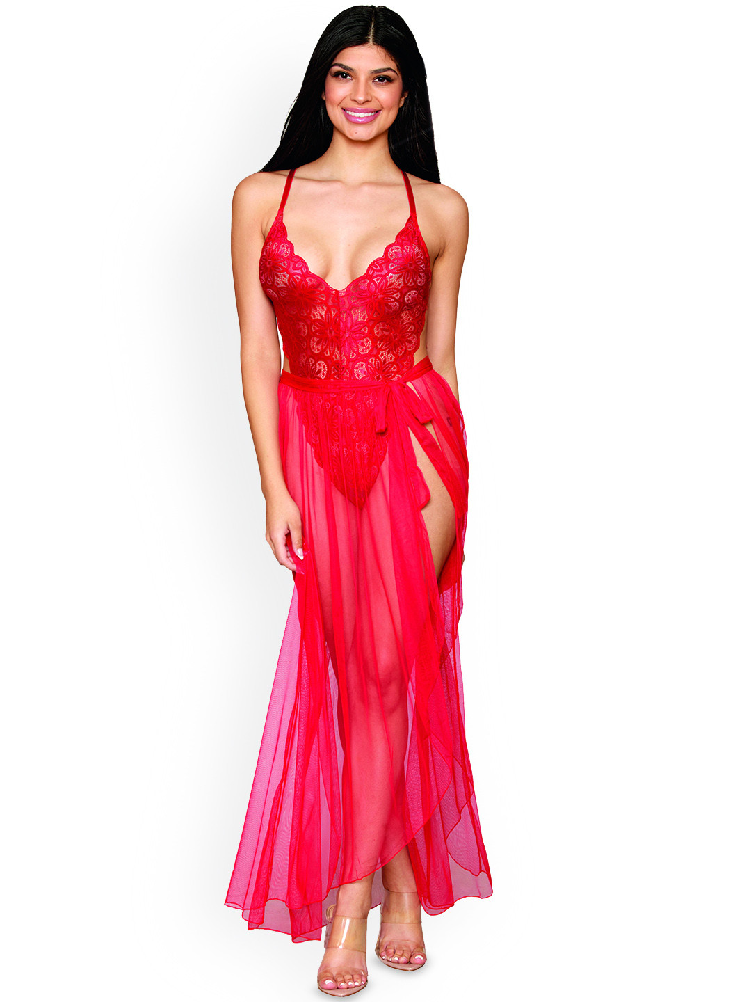 Dreamgirl Criss-Cross Straps Lace Teddy With Matching Sheer Wraparound Skirt