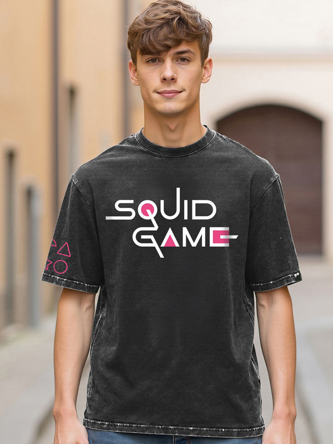 Bewakoof Official Squid Game Merchandise Men Graphic Printed Oversized Acid Wash T-shirt