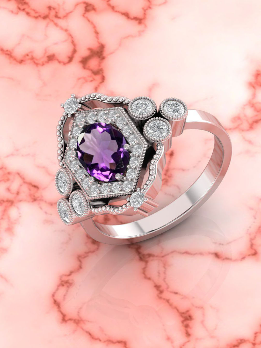 LMDPRAJAPATIS  925 Sterling Silver Sliver Plated  Amethsyt Studded Finger Ring