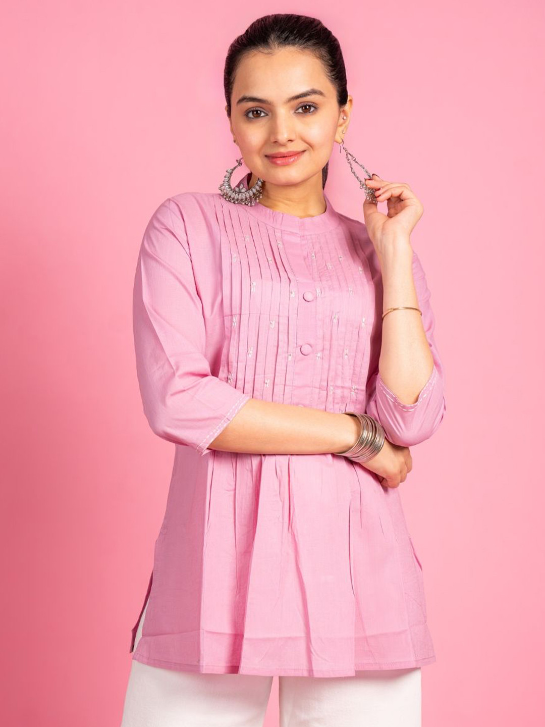 EKISHA Pin Tucks Mandarin Collar Pure Cotton Top
