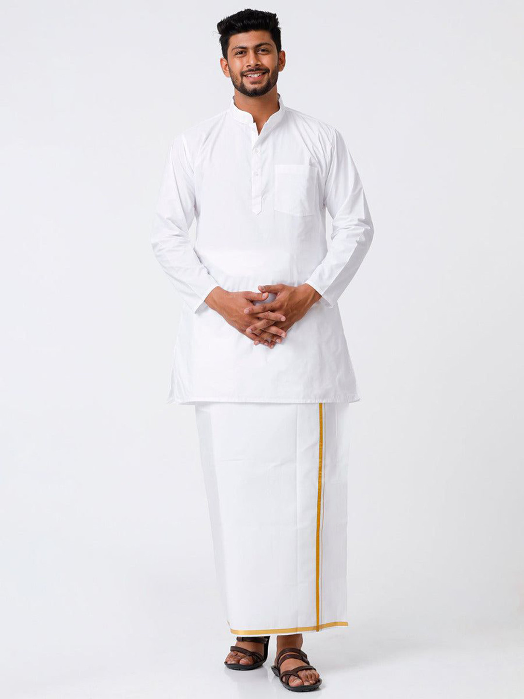 RAMRAJ COTTON Men Full Sleeves White Medium Kurta with 1/2 inch Jari Border Dhoti Set
