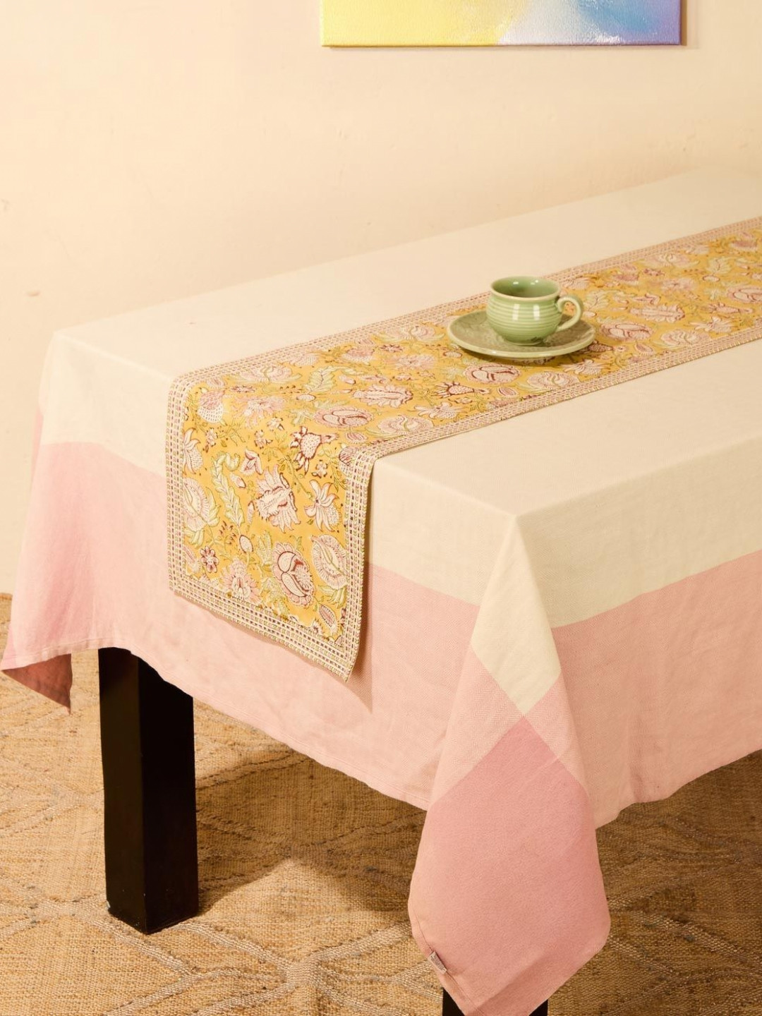 Fabindia Yellow & Green Printed Cotton Large Table Runner
