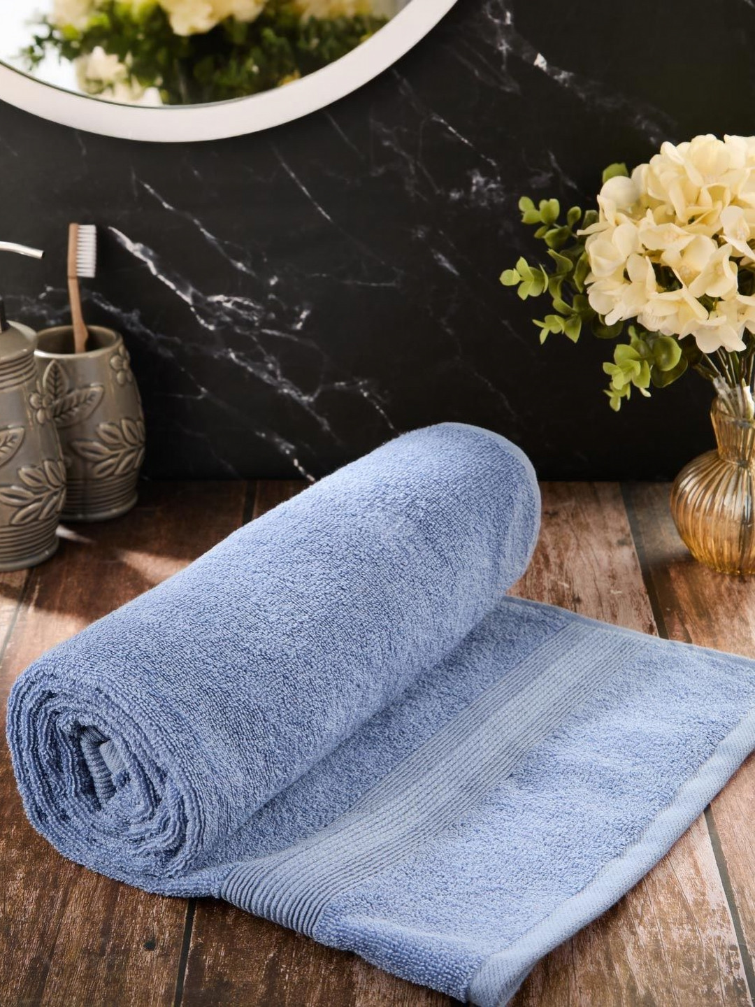 Fabindia Pile Blue Solid Cotton 500GSM Super Soft Adult Regular Bath Towel