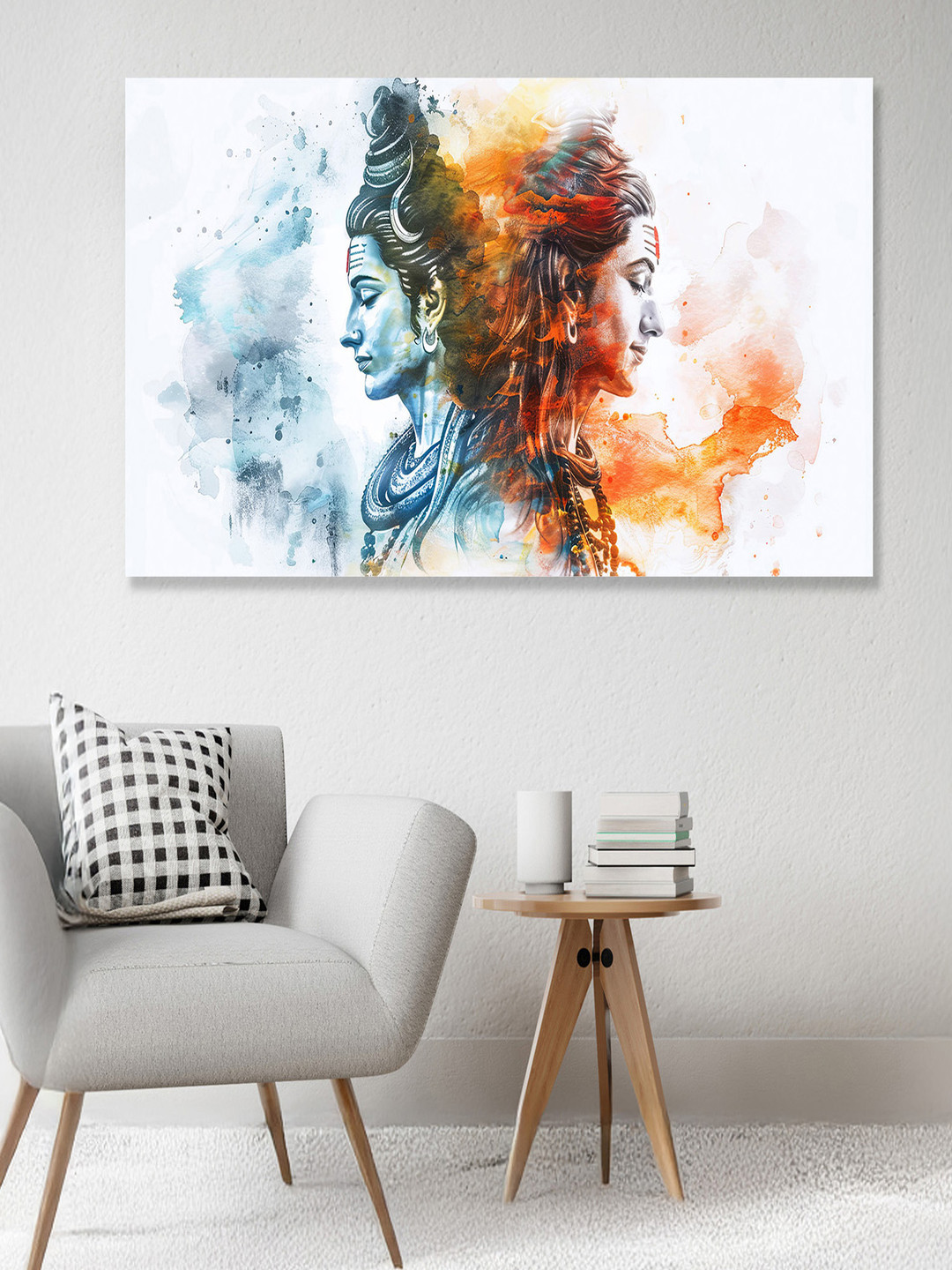 nestroots White & Orange Colored Lord Shivaparvathi Religious Printed Canvas Wall Painting