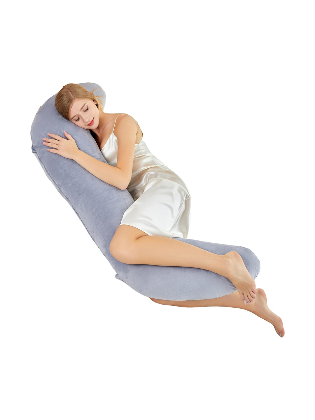 Pum Pum Hollow Fiber Grey Solid Faux Velvet Ultra Soft Fibre Maternity Pillow-1.39 m x 38.1 cm