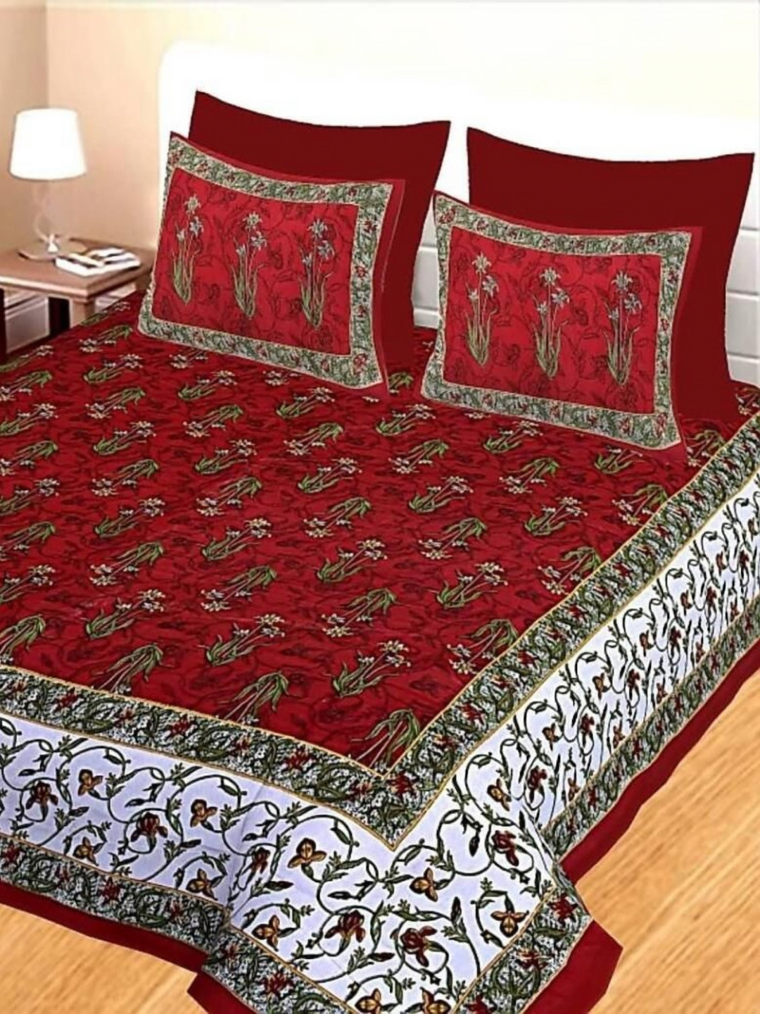 Cosito Red Ethnic Motifs Cotton 144 TC Queen Bedsheet with 2 Pillow Covers-93 x 83 inches