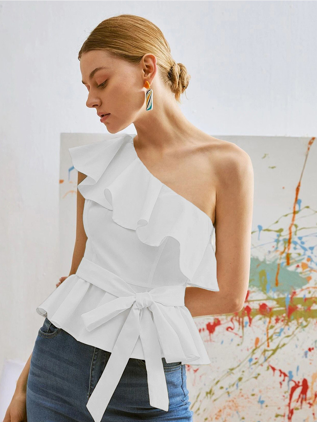 Stylecast X Slyck One Shoulder Cotton Peplum Crop Top