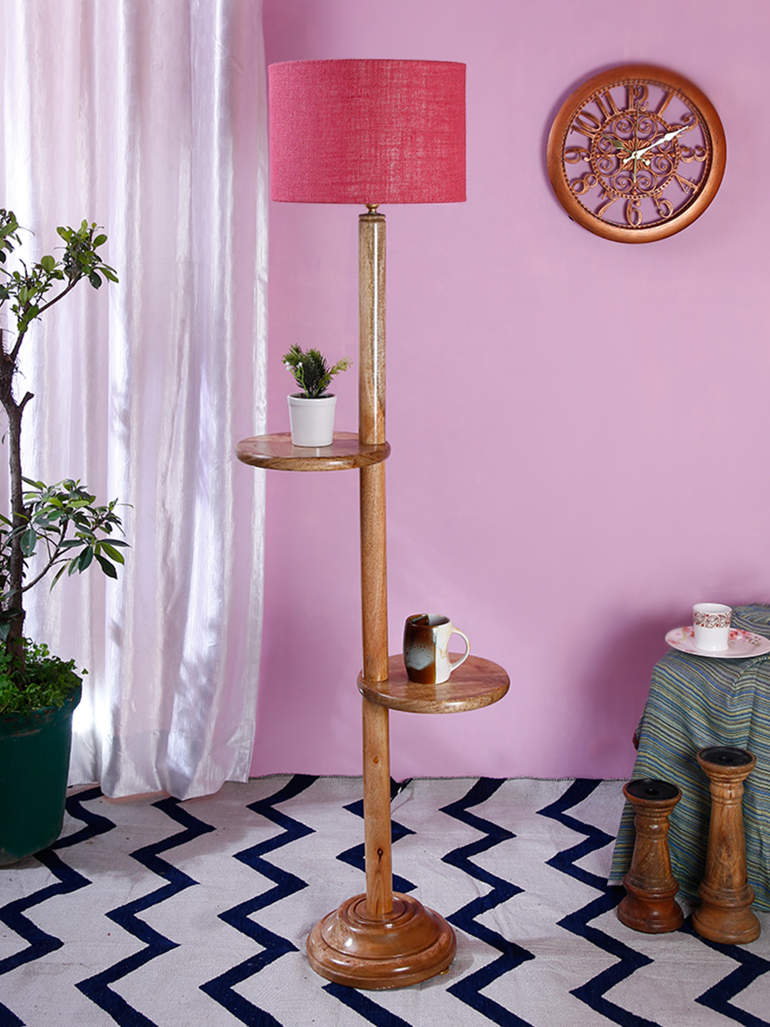 Devansh Pink & Brown Cylinder Shaped Wooden Shelf Floor Lamp