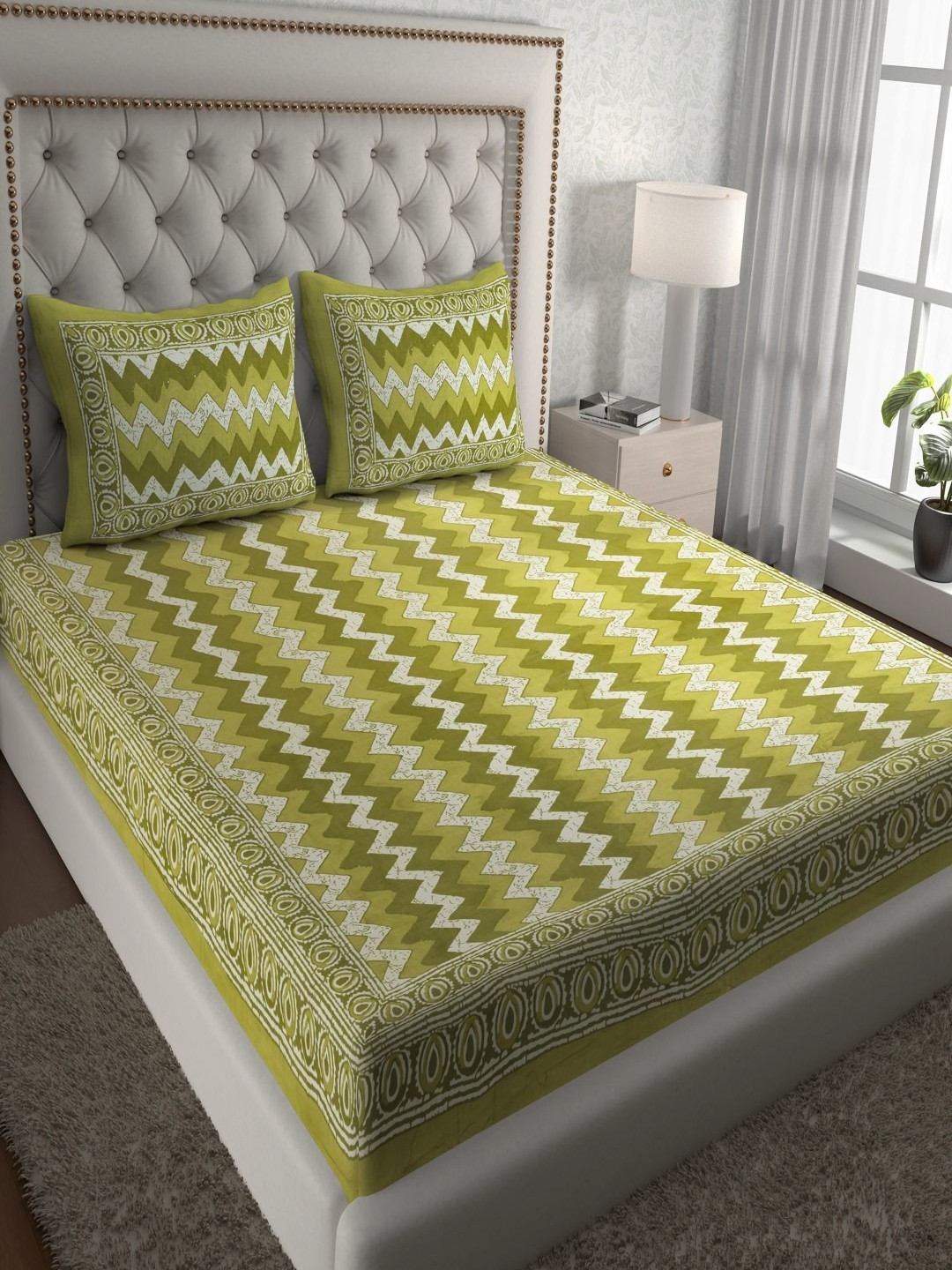 Myntra Elegant Homes Jaipuri Traditional Green Chevron Cotton 120 TC Queen Bedsheet with 2 Pillow Covers-93 x 85 inches