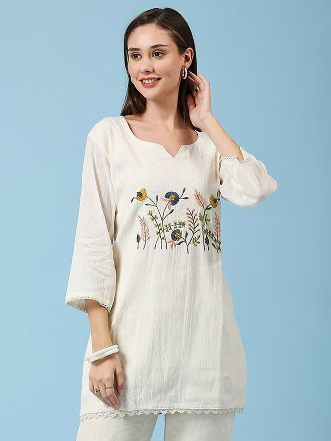 Hitarth Fashion Organic Cotton Sweetheart Neck Embroidered Tunic