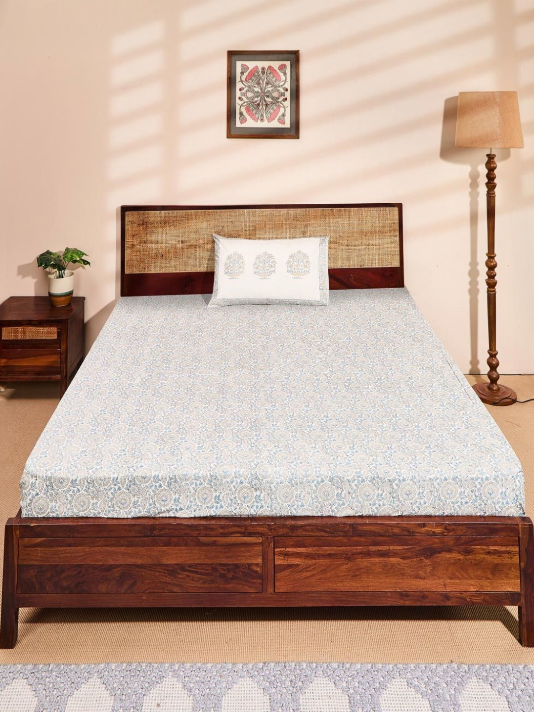 Fabindia Standalone Blue Floral Cotton 180 TC Double Fine Bedsheet with a Pillow Cover-59 x 98 inches