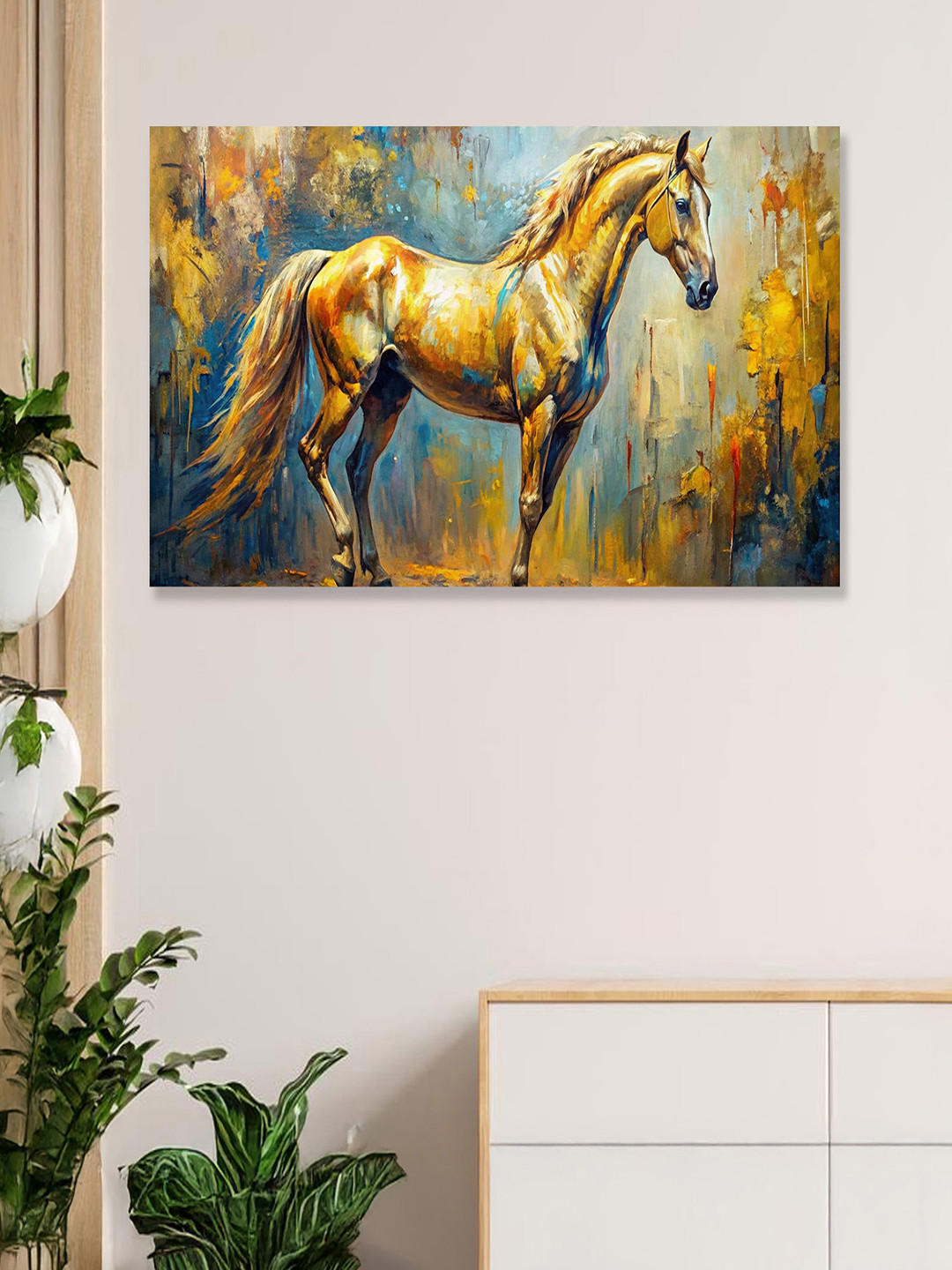 nestroots Gold-Toned & Blue Majestic Equine Serenity in Nature Canvas Wall Painting