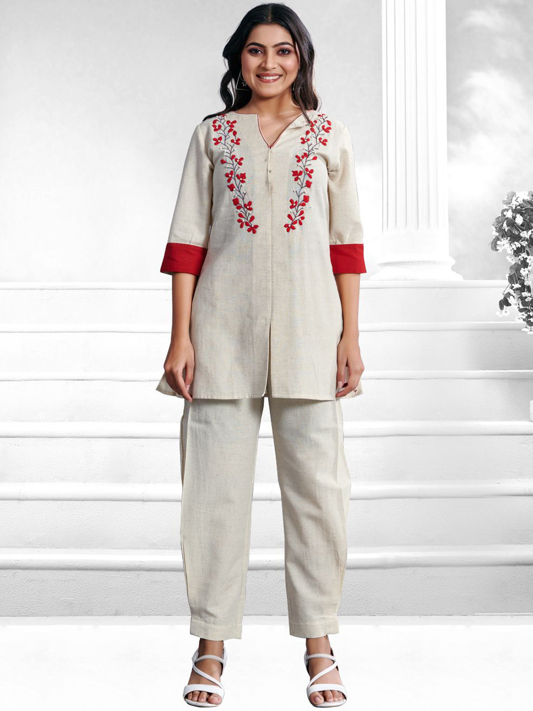 Komarri U Embroidered Pure Cotton Top & Trouser Co-Ord Set