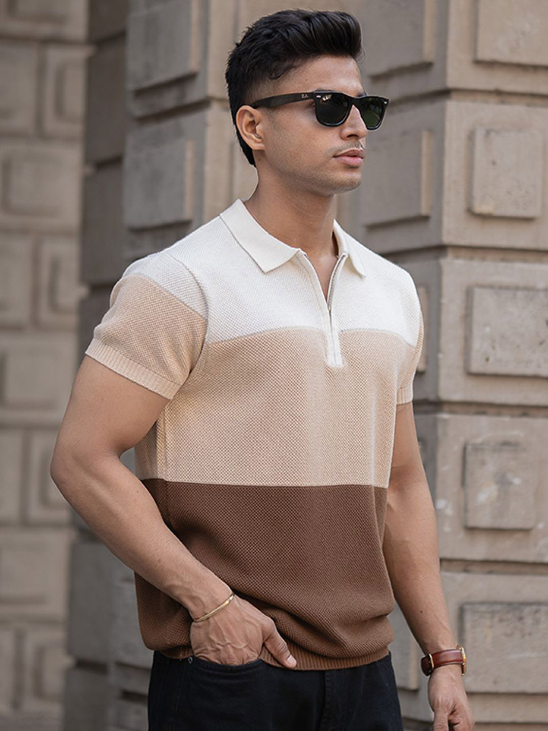 Powerlook Earthy Striped Zipper Cotton Polo Collar Short Sleeves T-shirt