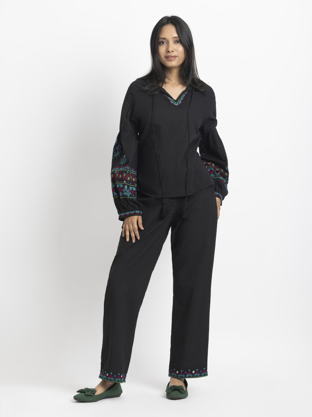 SHAYE Black Embroidered Cotton Casual Co-ords For Women